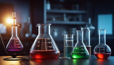 Laboratory glassware with colorful liquids. Science and education concept. 3D Renderingの素材