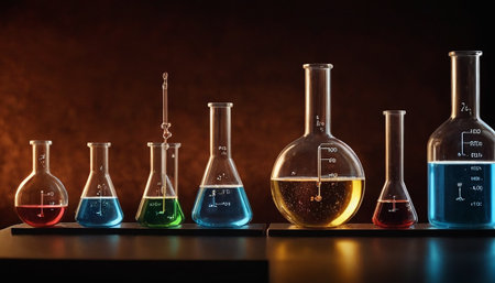 Laboratory glassware with colorful liquid on dark background. Science laboratory research and development conceptの素材