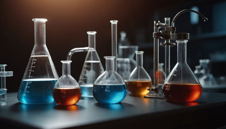 Laboratory glassware with colorful liquid. Science laboratory research and development conceptの素材