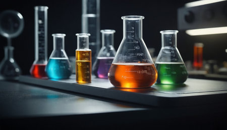 Laboratory glassware with colorful liquid on dark background, science research and development conceptの素材