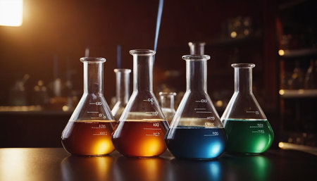 Laboratory glassware with colorful liquid on dark background, science research and development conceptの素材