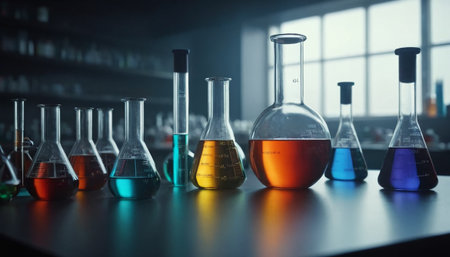 Laboratory glassware with colorful liquids on table, science research and development conceptの素材