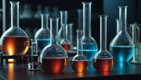 Laboratory glassware with colorful liquids, science research and development conceptの素材