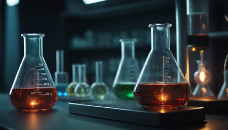 Laboratory glassware with chemical liquid on dark background, science research and development conceptの素材