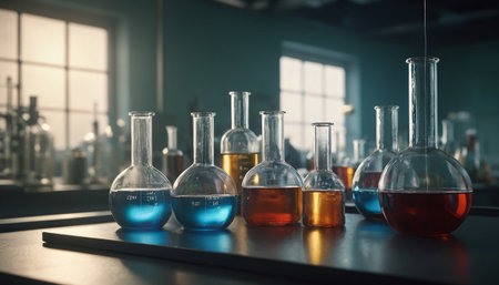 Laboratory glassware with colorful liquids. Science and chemistry concept.の素材