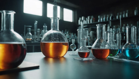 Laboratory glassware containing chemical liquid, science research and development conceptの素材