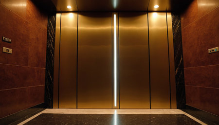 Interior of a modern office building with a metal elevator door.の素材