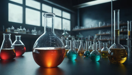 Laboratory glassware with colorful liquids on dark background, science research and development conceptの素材