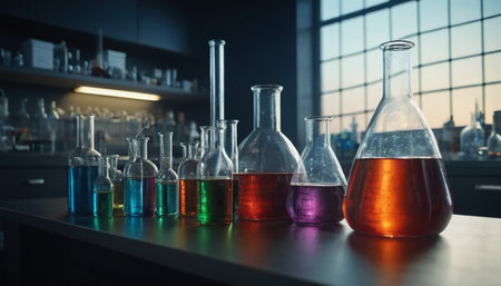 Laboratory glassware with colorful liquid on black table in chemical laboratoryの素材
