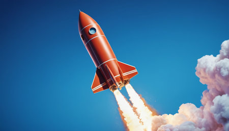 Rocket flies in the blue sky. Conceptual image of business success.の素材