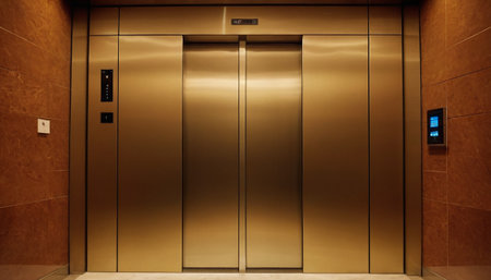 Metal elevator door in modern office building. 3d render illustration.の素材