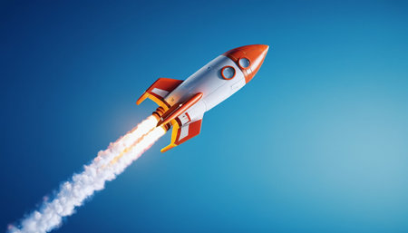 Rocket flying in the blue sky. 3d illustration. Space travel conceptの素材
