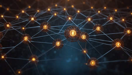 Blockchain network with glowing light bulbs on dark background 3D renderingの素材
