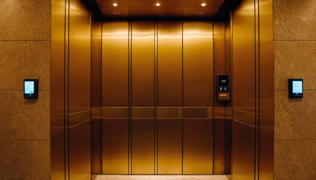 Interior of a hotel room with elevator door and elevator doors.の素材