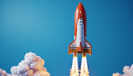 Rocket taking off into the sky. Mixed media. Mixed media. Mixed mediaの素材