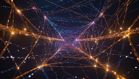 3d rendering of abstract technology wireframe with glowing particles in empty spaceの素材