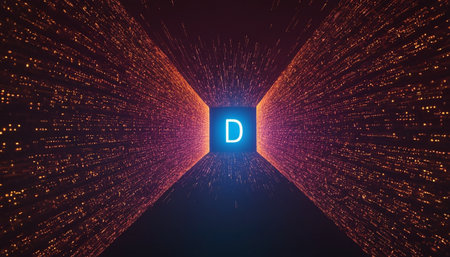 3d rendering of abstract digital data tunnel with glowing neon letter Dの素材