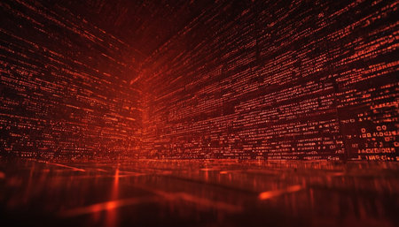 Red and black binary code on a dark background. 3d renderingの素材