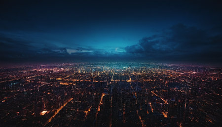 Night view of the city from the height of the bird's flightの素材