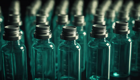 Medical ampoules with blue liquid on a black background close-upの素材