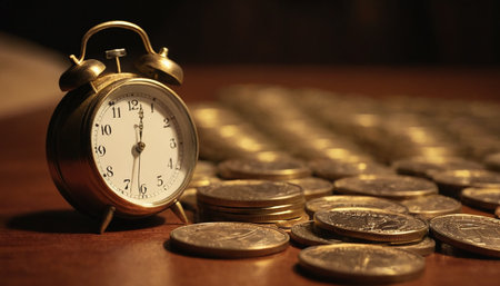 Coins and alarm clock. Time is money. Time is money.の素材