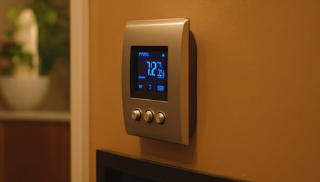 Digital thermostat on the wall in the living room at homeの素材