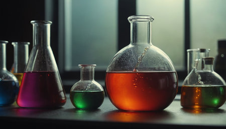 Laboratory glassware containing colorful liquid, science research and development conceptの素材