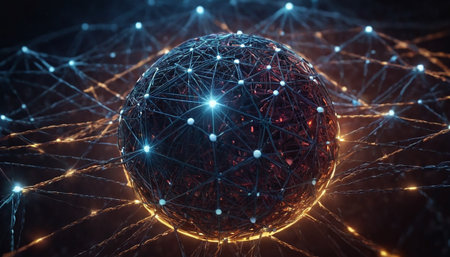 3D rendering of abstract digital sphere with connection lines on dark backgroundの素材