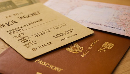 Close-up of two passports and boarding pass on the wooden tableの素材