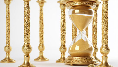 Golden hourglass on white background. Concept of time and deadline.の素材