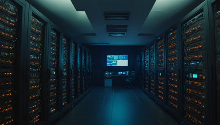 network server room data center with racks for storage and transmission of informationの素材