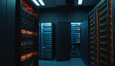 server room data center with racks for storing and exchanging server data.の素材