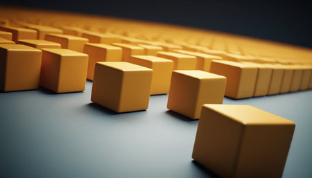 Conceptual image of a row of yellow cubes on a dark backgroundの素材