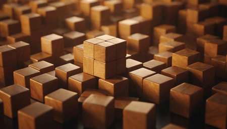 Wooden cubes with shallow depth of field and selective focus. Abstract backgroundの素材