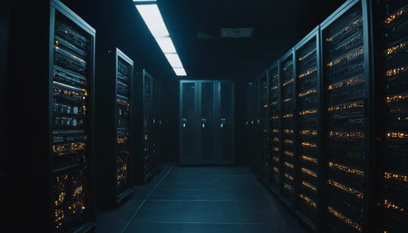 server room data center with rows of server racks ready for data miningの素材