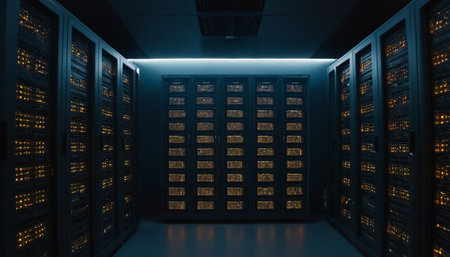 3d rendering of server room data center with rows of servers.の素材