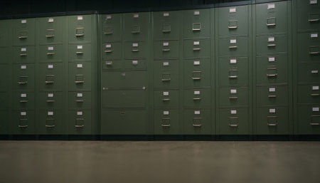 Locker room with lockers in a row, close-upの素材
