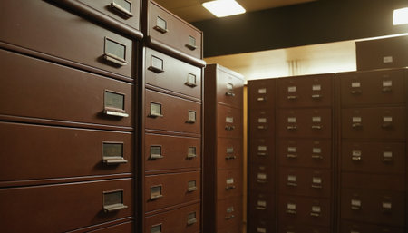 A row of filing cabinets in a public library, close-upの素材