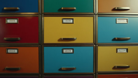 Wooden filing cabinet with colorful handles, close-up view.の素材
