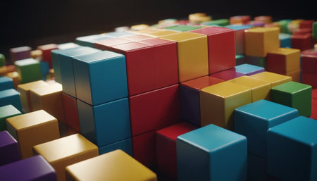 Abstract blue background with glowing cubes. 3d rendering toned imageの素材