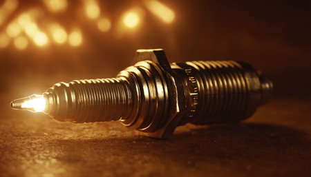 Spark plug on a dark background with sparkles. Selective focus.の素材
