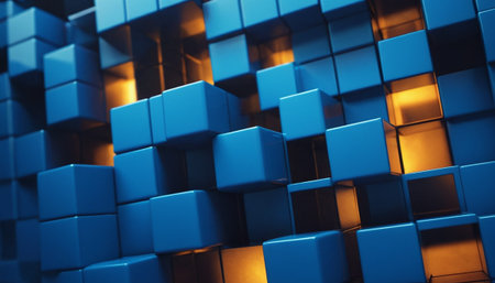 Abstract 3d rendering of blue cubes background. Cubes in empty space.の素材