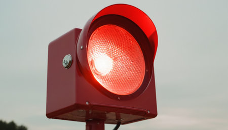 Red traffic light on blue sky background with copy space, close upの素材