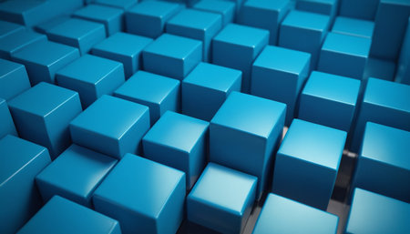 Abstract blue cubes background, 3d render illustration, square shape.の素材