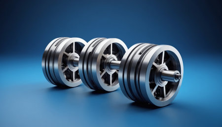 3d render of a row of dumbbells on blue backgroundの素材