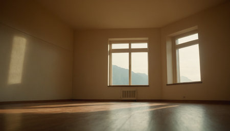 Empty room with window and a view of the mountains. 3d renderingの素材