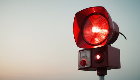 Red traffic light on blue sky background. Close-up, copy spaceの素材