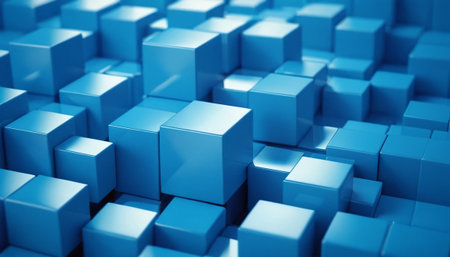 Abstract blue cubes background, 3d render illustration, square shape.の素材