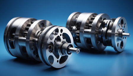 3D rendering of a set of car motor parts on a blue backgroundの素材