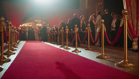 Red carpet in a row with people in the background during the ceremonyの素材